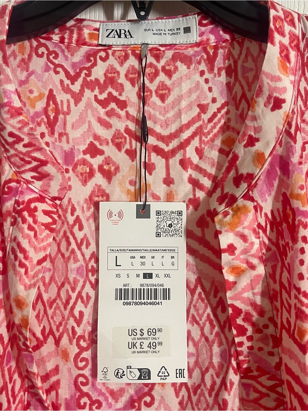 Zara Womens Pink Orange Ikat Print Tiered maxi Dress 9878/094/046 Large NWT - Picture 7 of 11